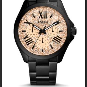FOSSIL black watch with rose gold rhinestoned face! NEVER USED!